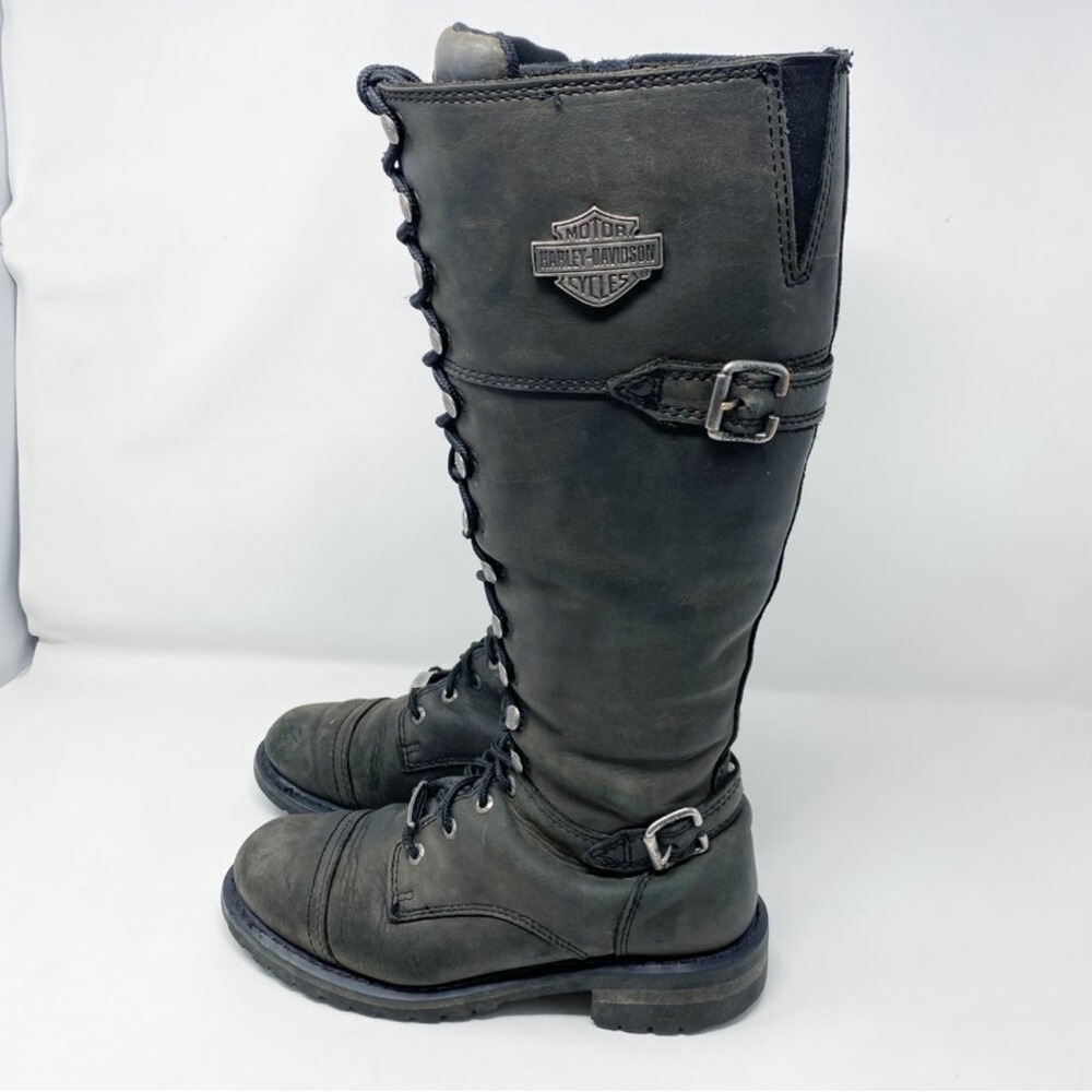 Harley-Davidson Black Oiled Leather Beechwood 15” Motorcycle Boots Sz 7 Lace Up - Picture 9 of 11